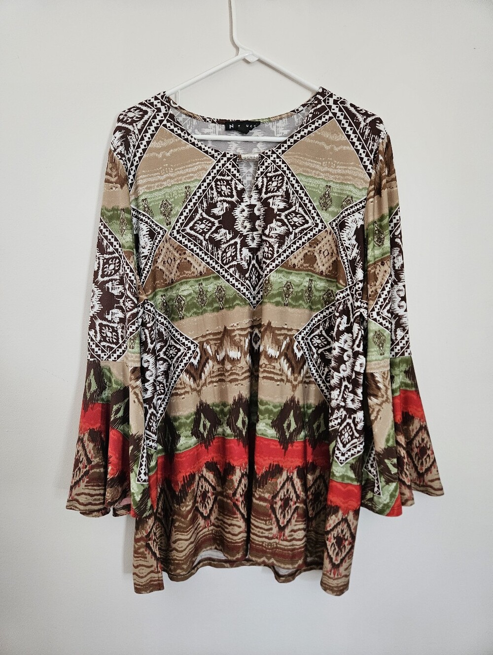 EUC N-Touch Western Geometric Paisley V-Neck Midi Dress w/ Flared Sleeves: Sz XL